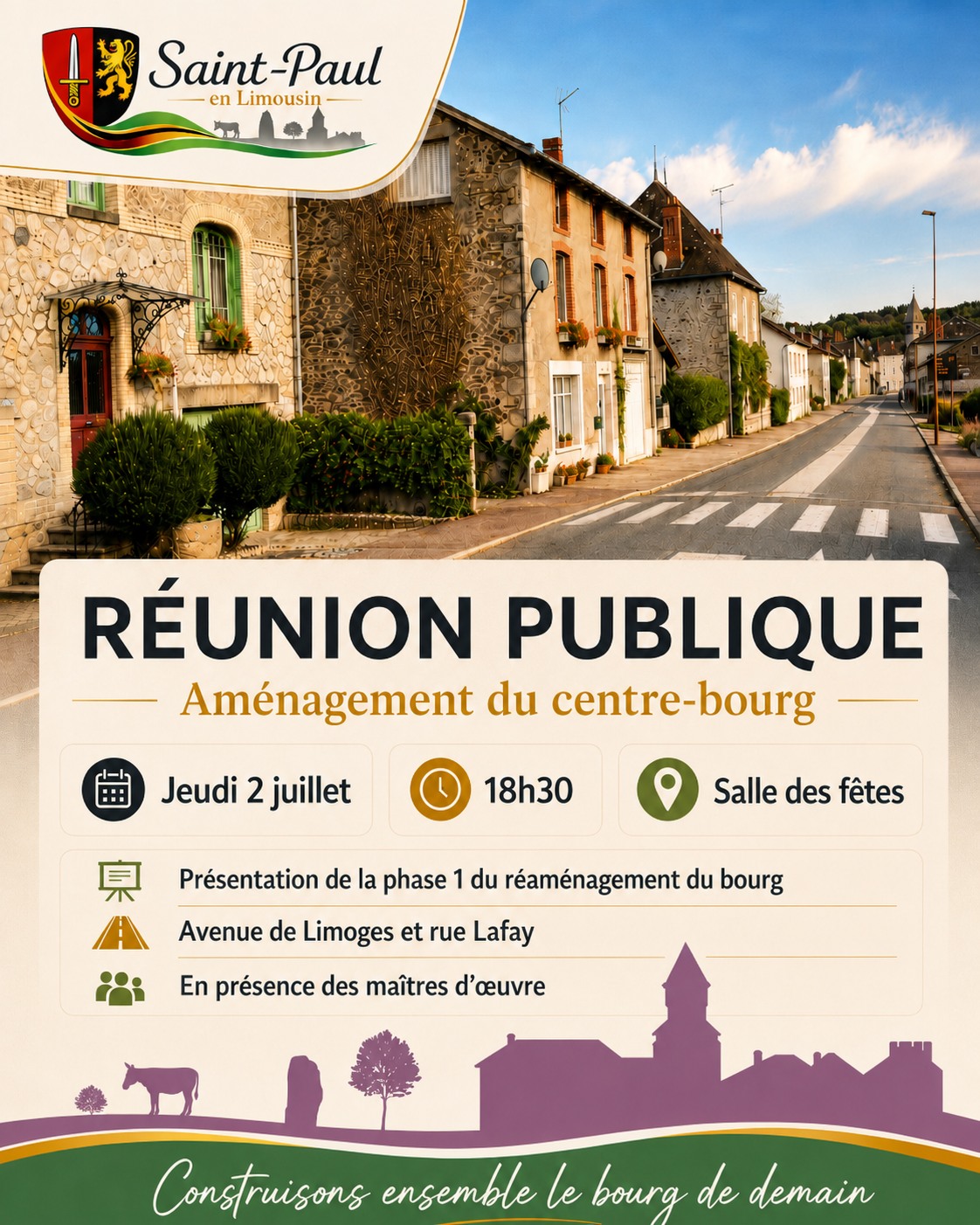 Affiche de la réunion publique sur l'aménagement du centre-bourg